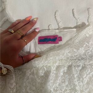 EDIKTED Ruffle Sheer Lace Low Rise Mini Skirt